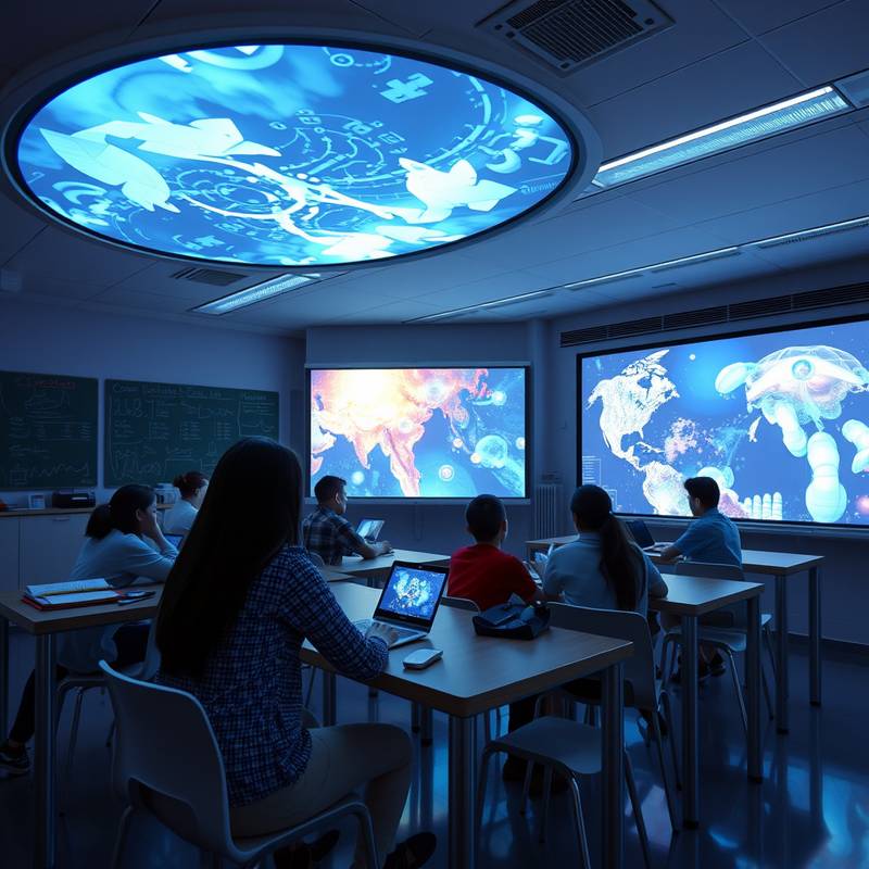 A futuristic classroom setting with students interacting with holographic projections, illustrating the future of learning.