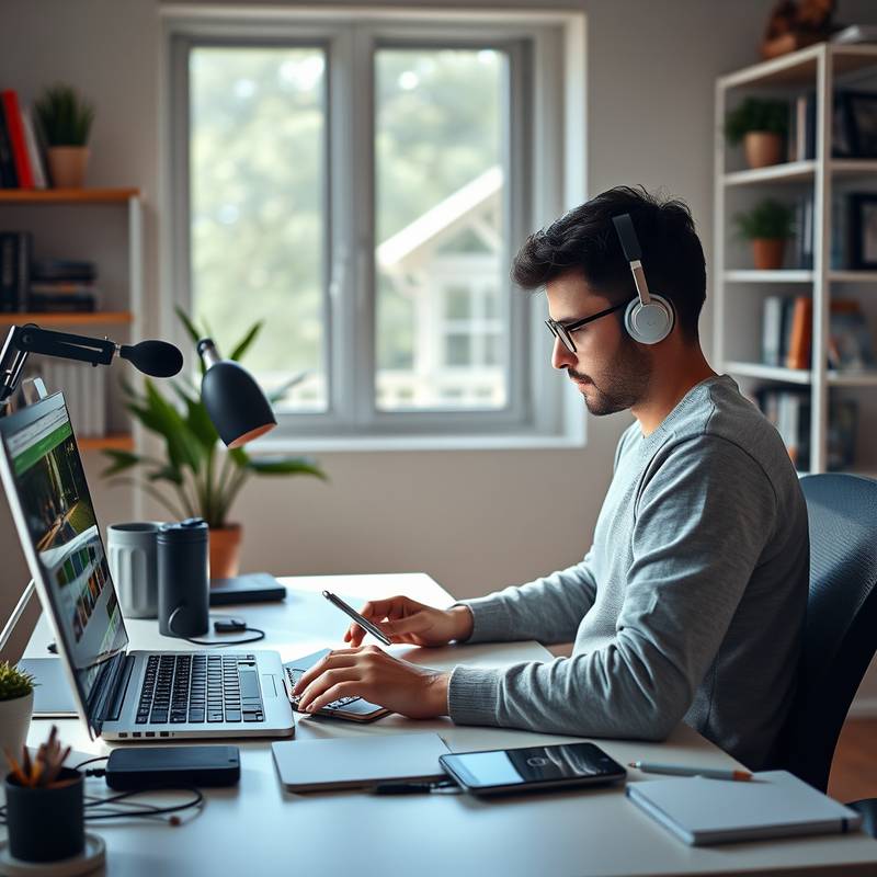 A person studying online with multiple devices in a home office setting, highlighting online learning strategies.