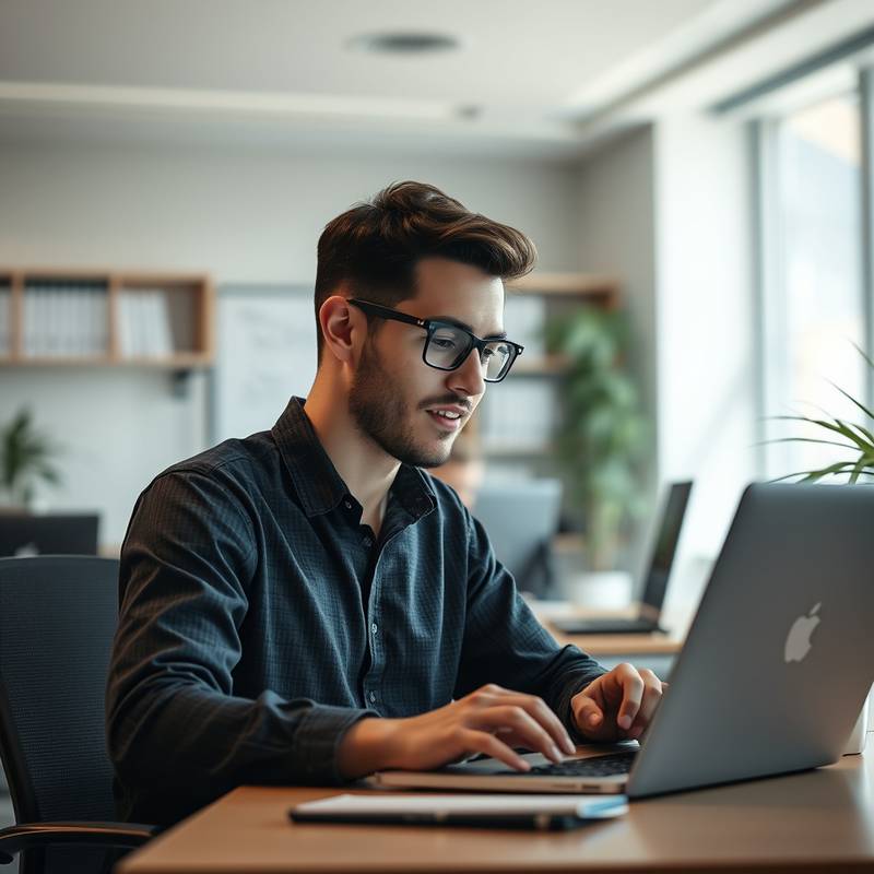 A person using a laptop while sitting in a modern office, emphasizing continuous learning.